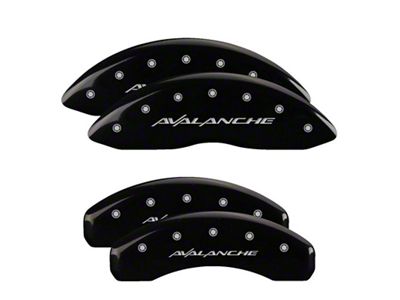 MGP Black Caliper Covers with Avalanche Logo; Front and Rear (00-06 Silverado 1500 w/ Dual Piston Rear Calipers)