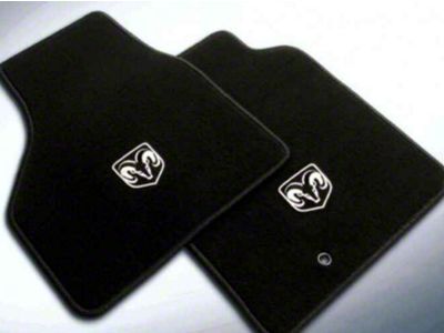 Mopar Carpeted Front Floor Mats with RAM Head Logo; Black (13-18 RAM 1500 Regular Cab, Quad Cab)