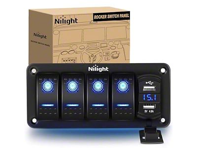 Nilight 4-Gang Rocker Switch Panel with Dual USB Chargers and Voltmeter; Blue LED (Universal; Some Adaptation May Be Required)