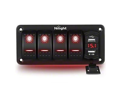 Nilight 4-Gang Rocker Switch Panel with Dual USB Chargers and Voltmeter; Red LED (Universal; Some Adaptation May Be Required)