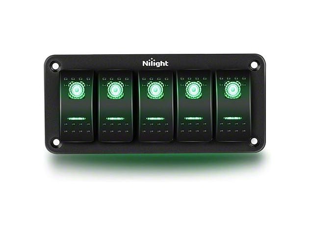 Nilight 5-Gang Aluminum Rocker Switch Panel with Rocker Switches; Green LED (Universal; Some Adaptation May Be Required)