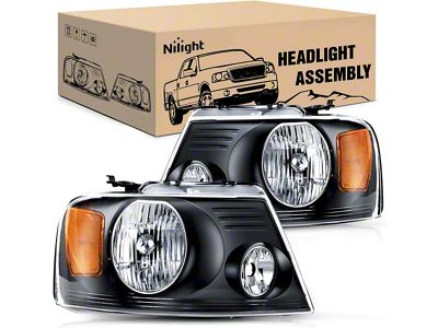 Nilight OE Style Headlights with Amber Corners; Black Housing; Clear Lens (04-08 F-150)
