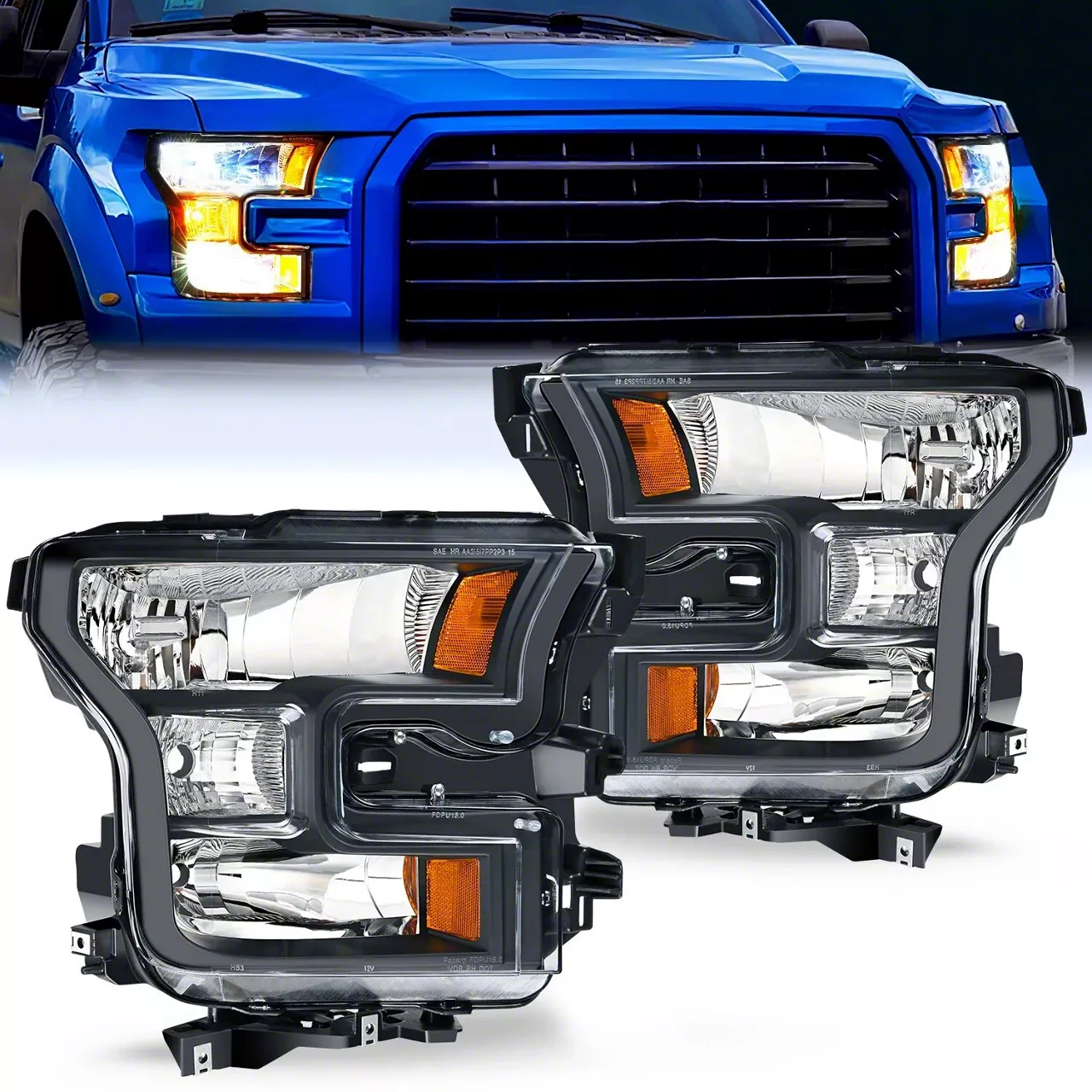 Nilight OE Style Headlights with Amber Corners; Black Housing; Clear Lens (15-17 F-150 w/ Factory Halogen Headlights)