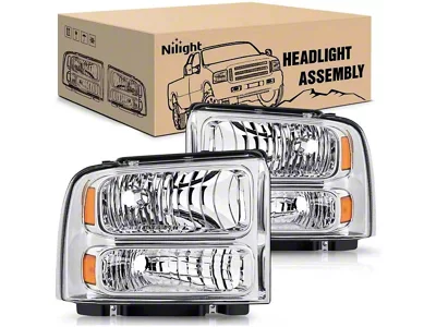 Nilight OE Style Headlights with Amber Reflector; Chrome Housing; Clear Lens (05-07 F-250 Super Duty)