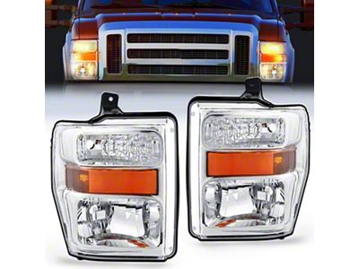 Nilight OE Style Headlights with Amber Reflector; Chrome Housing; Clear Lens (08-10 F-250 Super Duty w/o Factory Sealed Beam Headlights)