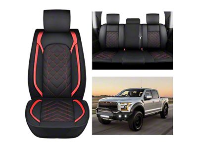 Waterproof Leather Front and Rear Seat Covers; Black and Red (11-25 F-250 Super Duty SuperCrew)