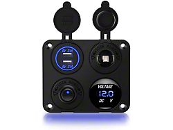 4-in-1 ON/OFF Charger Socket Panel with Dual USB Socket, Power Outlet, LED Voltmeter and Cigarette Lighter Socket; Blue LED (Universal; Some Adaptation May Be Required)