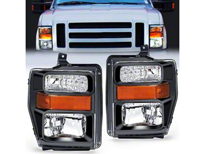 Nilight OE Style Headlights with Amber Reflector; Black Housing; Clear Lens (08-10 F-350 Super Duty w/o Factory Sealed Beam Headlights)