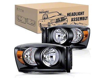 Nilight Headlights with Amber Corners; Black Housing; Clear Lens (06-08 RAM 1500)