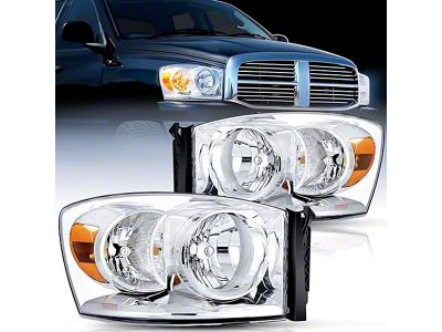 Nilight Headlights with Amber Corners; Chrome Housing; Clear Lens (06-08 RAM 1500)