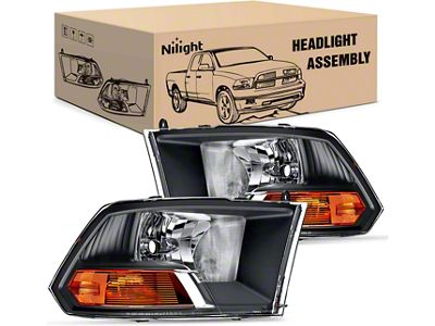 Headlights with Amber Reflectors; Black Housing; Clear Lens (09-12 RAM 1500 w/ Factory Halogen Non-Quad Headlights)