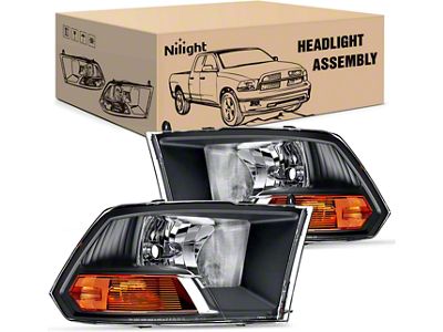 Nilight Headlights with Amber Reflectors; Black Housing; Clear Lens (09-12 RAM 1500 w/ Factory Halogen Non-Quad Headlights)