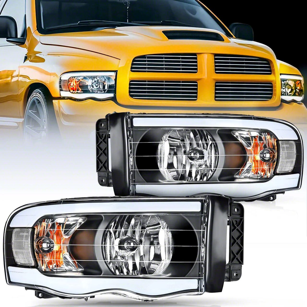 thumbnail image 2 of Chrome Headlight & Fog Light Kit For 2002-2005 Dodge Ram – Clear Lens, DRL, Halogen – Speed Daddy (Steel Bumper Models) 2 of 4
