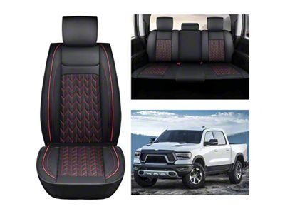 Nilight Waterproof Leather Front and Rear Seat Covers; Black and Red (09-24 RAM 1500 Crew Cab)