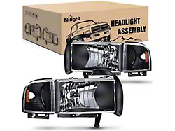 Nilight OE Style Headlights with Amber Reflector; Black Housing; Clear Lens (94-02 RAM 2500)