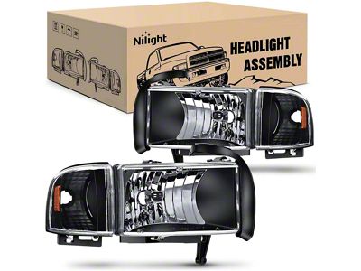 Nilight OE Style Headlights with Amber Reflector; Black Housing; Clear Lens (94-02 RAM 2500)