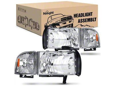 Nilight OE Style Headlights with Amber Reflector; Chrome Housing; Clear Lens (94-02 RAM 2500)