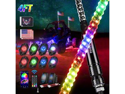 Nilight Spiral Antenna Bluetooth Remote App Control LED Whip Lights with RGB Rock Lights; 4-Foot (Universal; Some Adaptation May Be Required)