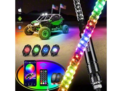 Nilight Spiral Antenna RGB LED Whip Lights with RGB Rock Lights; 4-Foot (Universal; Some Adaptation May Be Required)