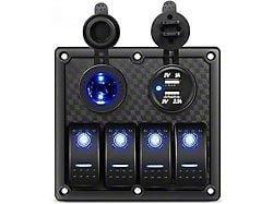 Nilight 4-Gang Rocker Switch Panel with USB Charger and Power Socket; Blue LED (Universal; Some Adaptation May Be Required)