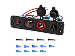 4-in-1 ON/OFF Charger Socket Panel with Dual USB Socket, Power Outlet, LED Voltmeter and Cigarette Lighter Socket; Red LED (Universal; Some Adaptation May Be Required)