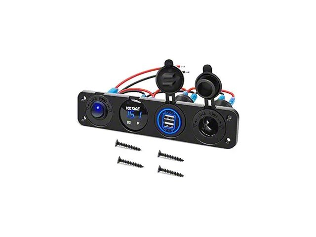 Nilight 4-in-1 ON/OFF Charger Socket Panel with Dual USB Socket, Power Outlet, LED Voltmeter, and Cigarette Lighter Socket; Blue LED (Universal; Some Adaptation May Be Required)