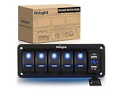 5-Gang Rocker Switch Panel with Dual USB Chargers and Voltmeter; Blue LED (Universal; Some Adaptation May Be Required)