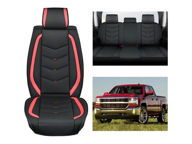Nilight Waterproof Leather Front and Rear Seat Covers; Black and Red (07-24 Sierra 3500 HD Extended/Double Cab, Crew Cab)