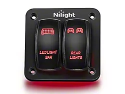 Nilight 2-Gang Aluminum Rocker Switch Panel with LED Light Bar and Rear Light Rocker Switches; Red LED (Universal; Some Adaptation May Be Required)