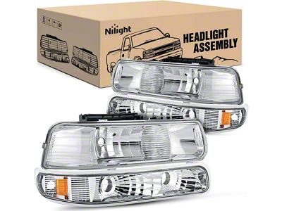 Nilight OE Style Headlights with Amber Corners; Chrome Housing; Clear Lens (99-02 Silverado 1500)