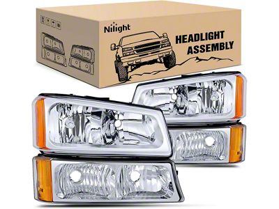 Nilight OE Style Headlights with Amber Corners; Chrome Housing; Clear Lens (03-06 Silverado 1500)