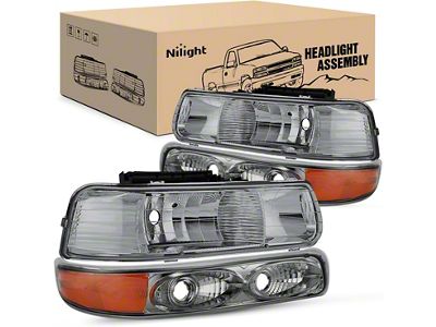 Nilight OE Style Headlights with Amber Corners and Smoked Bumper Lights; Chrome Housing; Clear Lens (99-02 Silverado 1500)