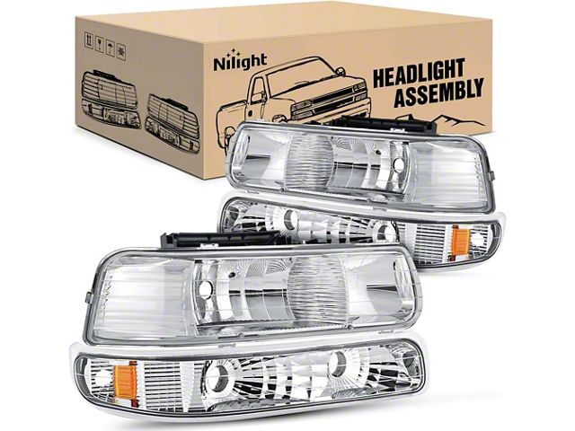 Nilight OE Style Headlights with Amber Corners and Smoked Bumper Lights; Chrome Housing; Clear Lens (99-02 Silverado 1500)