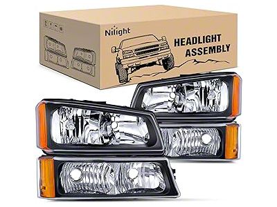Nilight OE Style Headlights with Amber Corners and Smoked Bumper Lights; Chrome Housing; Clear Lens (03-06 Silverado 1500)