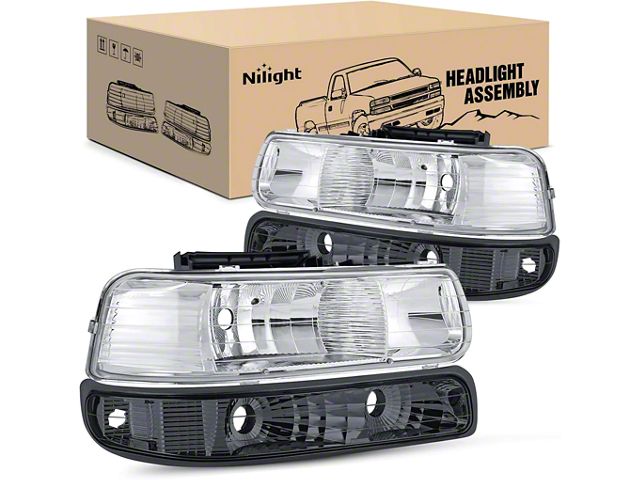 Nilight OE Style Headlights with Clear Corners and Smoked Bumper Lights; Chrome Housing; Clear Lens (99-02 Silverado 1500)