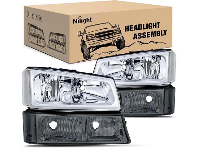 Nilight OE Style Headlights with Clear Corners and Smoked Bumper Lights; Chrome Housing; Clear Lens (03-06 Silverado 1500)