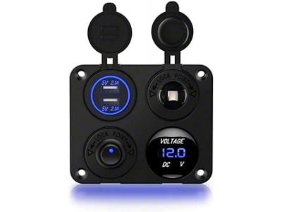 Nilight 4-in-1 ON/OFF Charger Socket Panel with Dual USB Socket, Power Outlet, LED Voltmeter and Cigarette Lighter Socket; Blue LED (Universal; Some Adaptation May Be Required)