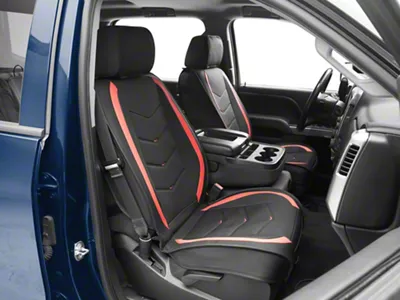 Waterproof Leather Front and Rear Seat Covers; Black and Red (07-25 Silverado 1500 Extended/Double Cab, Crew Cab)