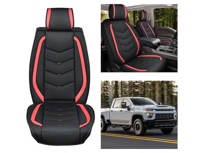 Waterproof Leather Front Seat Covers; Black and Red (07-25 Silverado 1500)