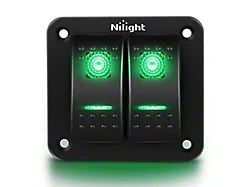 Nilight 2-Gang Aluminum Rocker Switch Panel with Rocker Switches; Green LED (Universal; Some Adaptation May Be Required)