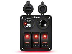 3-Gang Aluminum Rocker Switch Panel with USB and Cigarette Lighter Power; Red LED (Universal; Some Adaptation May Be Required)