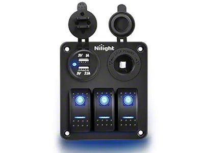 Nilight 3-Gang Aluminum Rocker Switch Panel with USB and Cigarette Lighter Power; Blue LED (Universal; Some Adaptation May Be Required)