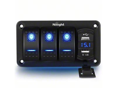 Nilight 3-Gang Rocker Switch Panel w/ Dual USB Chargers, Voltmeter, Blue (Universal; Some Adaptation May Be Required)