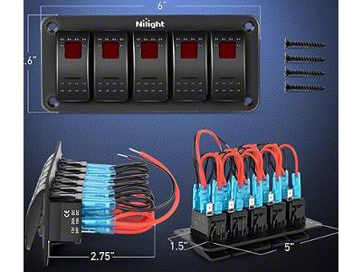 Nilight 5-Gang Aluminum Rocker Switch Panel with Rocker Switches; Red LED (Universal; Some Adaptation May Be Required)