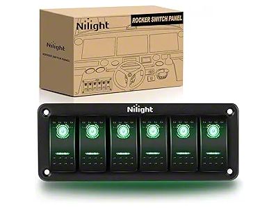 Nilight 6-Gang Aluminum Rocker Switch Panel with Rocker Switches; Green LED (Universal; Some Adaptation May Be Required)