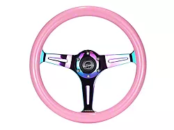 NRG Innovations Classic Wood Grain 350mm Steering Wheel; Neochrome and Pink (Universal; Some Adaptation May Be Required)