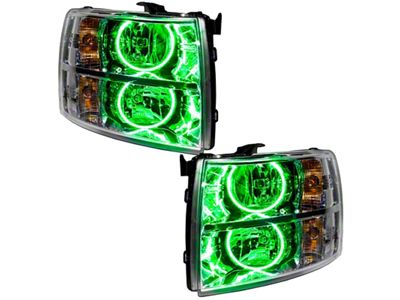 Oracle OE Style Headlights with Green Round Ring LED Halo; Chrome Housing; Clear Lens (07-14 Silverado 3500 HD)