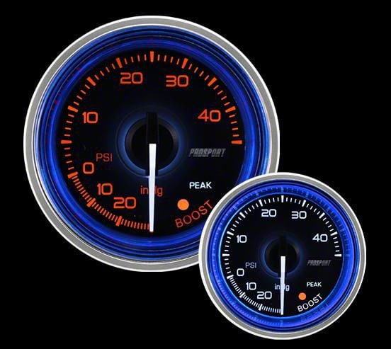 Prosport 52mm Crystal Blue Series Boost Gauge; Electrical; 30 PSI; Amber/White with Blue Halo Ring (Universal; Some Adaptation May Be Required)