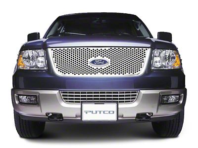 Putco Punch Design Upper Overlay Grille with Emblem Cutout; Polished (99-03 F-150 w/ OE Bar Style Grille)