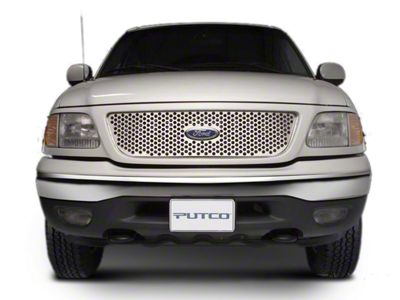 Putco Punch Design Upper Overlay Grille with Emblem Cutout; Polished (97-98 F-150 w/ OE Honeycomb Style Grille)